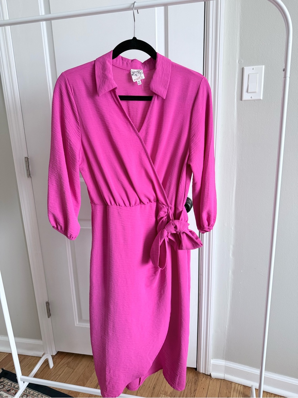 NAIF Bright Fuchsia Wrap Midi Dress with Tie